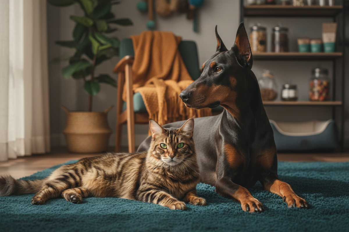 Banner doberman y gato